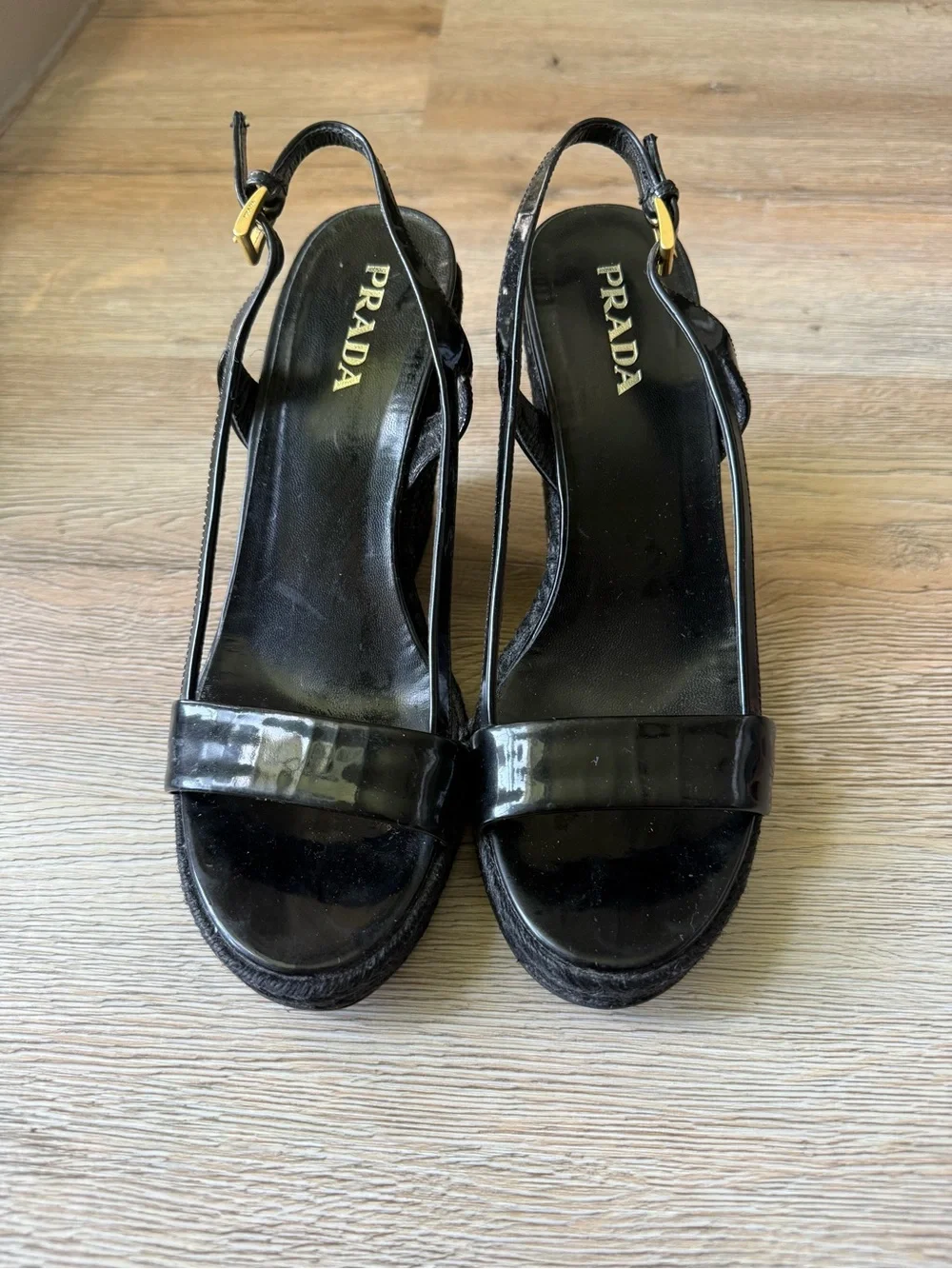 Prada Black Patent Platform Slingback Wedges with Gold Buckles